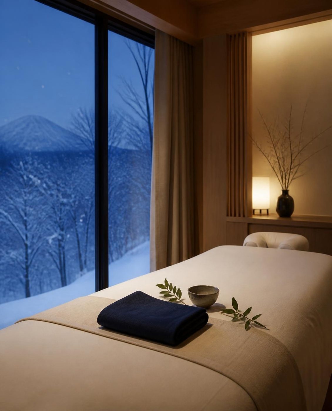 雪景色の見える部屋に整えられた施術ベッド